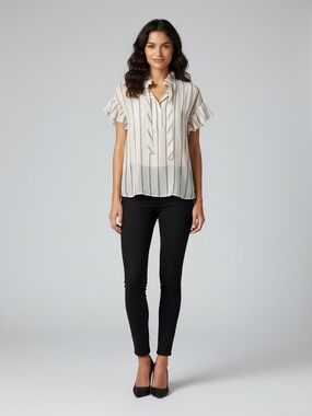 Sandro Paris Striped Blush-Tinge Short-Sleeve Blouse with Tie Detail Size M